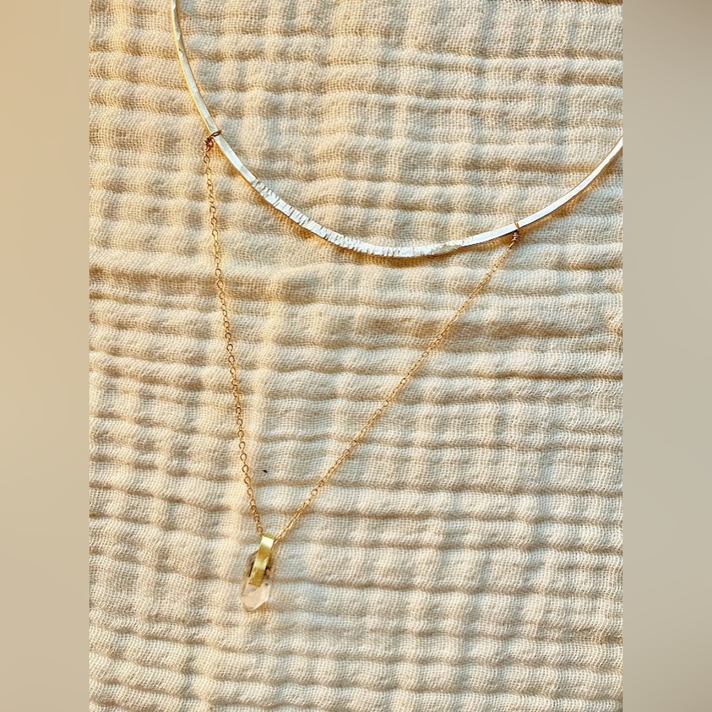 Brass Quartz Cuff Pendant Necklace - Elegant Women's Jewelry